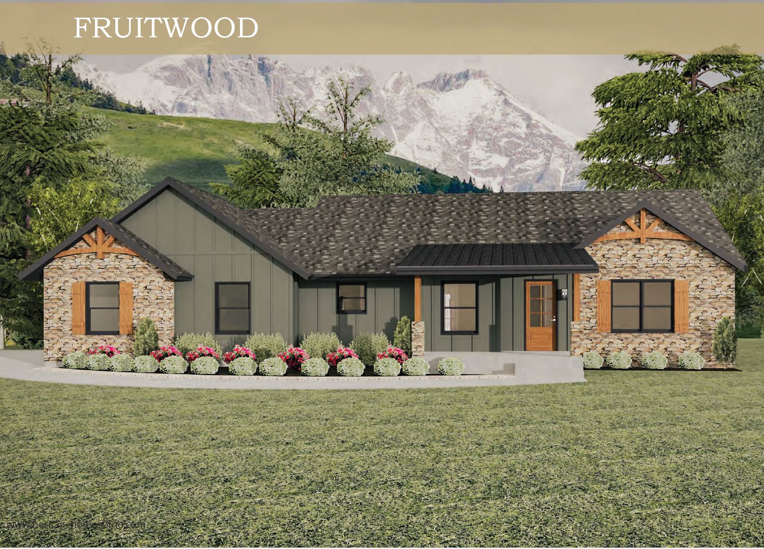 Fruitwood home with stone ends and green siding